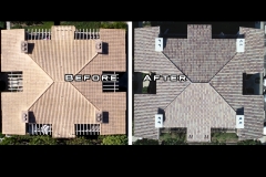 side by side comparison showing a bird's eye view of a roof before and after it was re-roofed