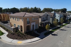 aerial view of new development with buildings at various stages of construction and landscaping completed around the perimeter