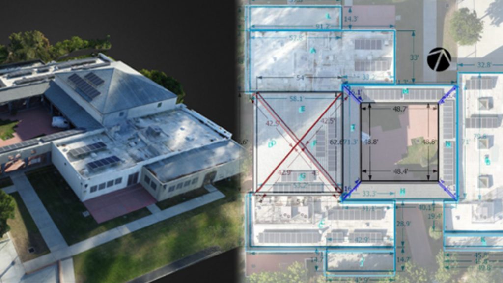 aerial view of a large building next to its computer generated measurements retrieved from drone data
